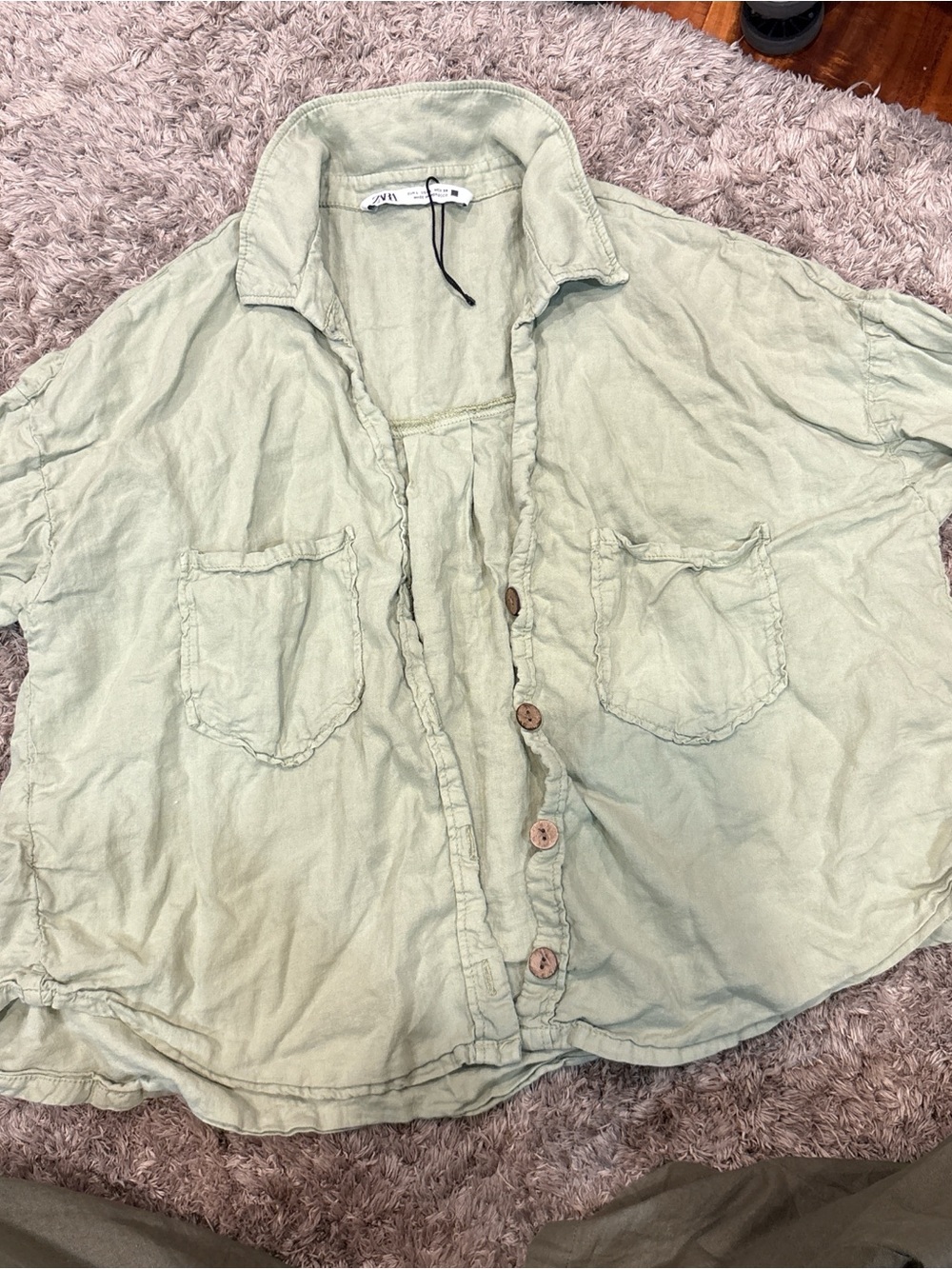 ZARA Light Sage Washed Button-Up Shirt Jacket